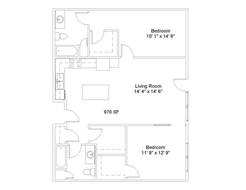 Floor plan for 2 beds, 2 baths, 970 sqft